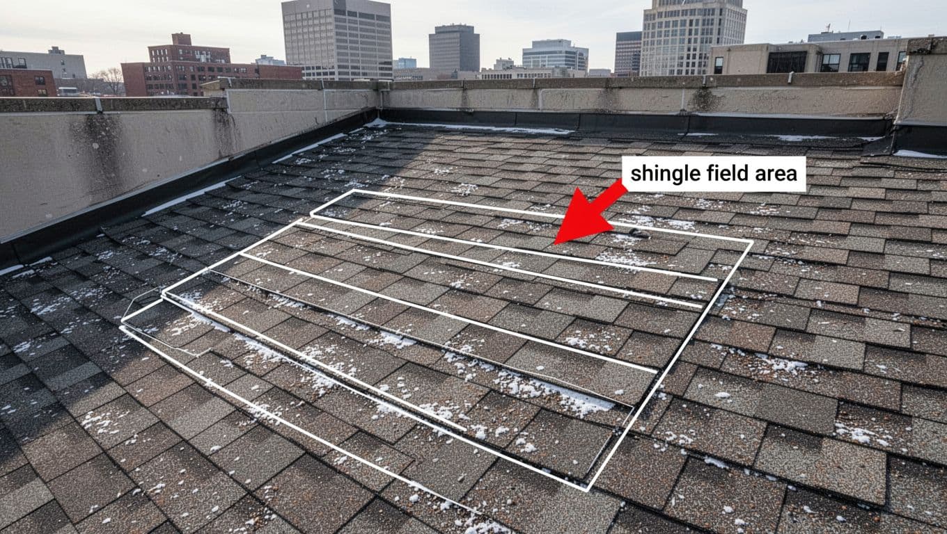 Ultra-realistic aerial photography of a low-slope commercial roof in Saint Paul, Minnesota, sharply focusing on the asphalt shingle field area highlighted by subtle outlines and a red arrow label, with detailed textures, cold-climate weathering, and urban skyline background.