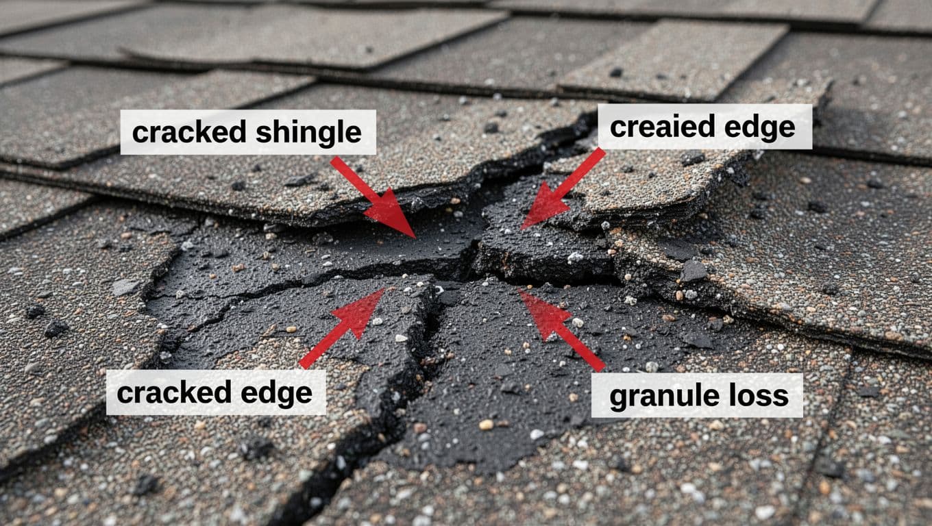 Ultra-realistic close-up of cracked and creased asphalt shingle with granule loss on a commercial roof in Saint Paul, Minnesota, featuring labeled red arrows highlighting damage areas.