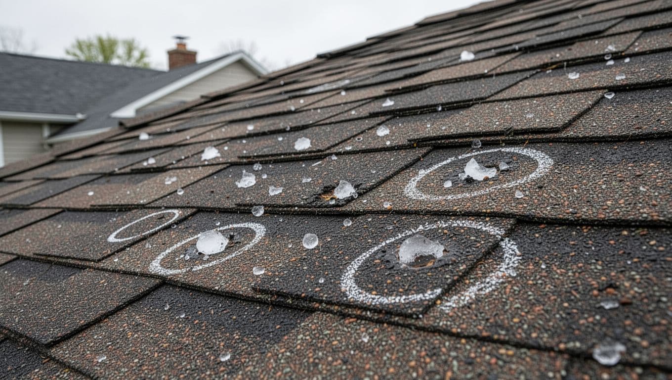 Realistic documentary photo of scattered hail impacts on architectural asphalt shingles with white chalk circles, on a Midwestern sloped roof under natural overcast daylight for homeowner education.