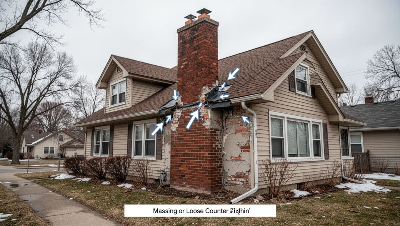 Photorealistic street-level view of a 1.5-story Saint Paul, Minnesota home featuring a brick chimney with missing or loose counterflashing at mortar joints, highlighted by subtle arrows showing water entry points. Overcast early spring lighting on asphalt shingle roof, with foreground sidewalk and yard, in educational DSLR style.