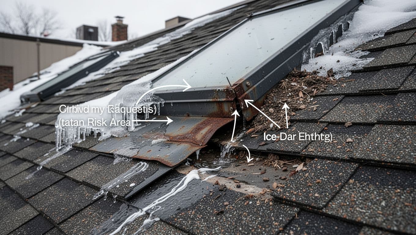Realistic smartphone photo in natural daylight of head flashing failure at the uphill side of a skylight on an asphalt shingle roof in Saint Paul, Minnesota commercial property, with subtle arrow callout on debris accumulation and ice-dam risk.