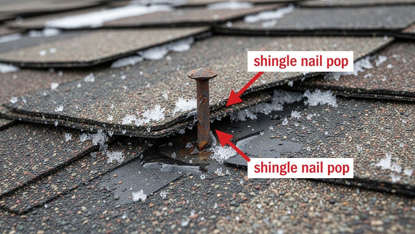 Ultra-realistic close-up of shingle nail pop on a commercial roof in Saint Paul, Minnesota, featuring protruding nail head, lifted tab, missing sealant, visible water entry path, and red arrow label, contrasted with intact adjacent shingles and cold weather edge curling.