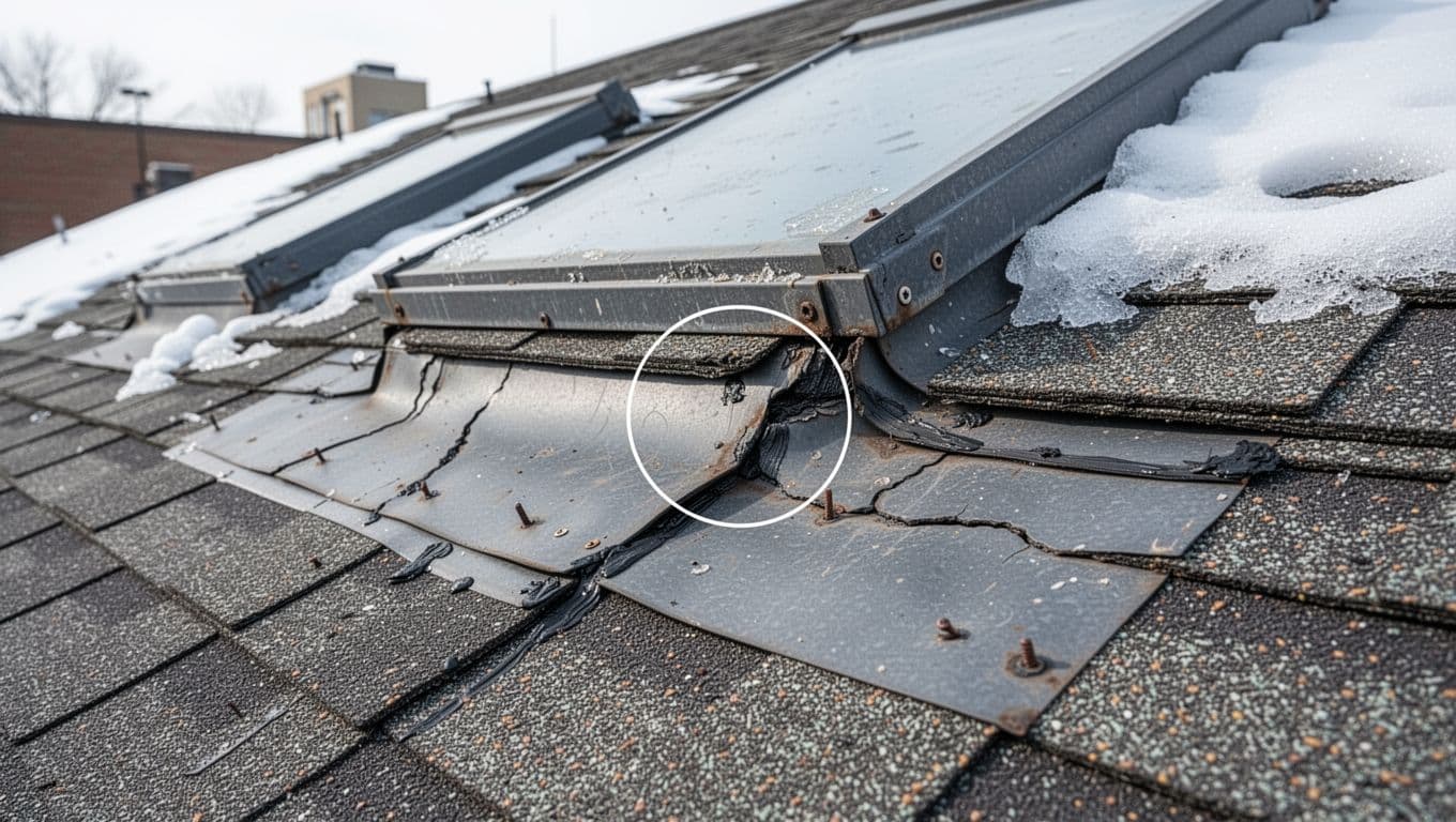 Realistic close-up photo of an asphalt shingle roof around a skylight curb and step flashing on a commercial building in Saint Paul, Minnesota, highlighting a gap at the flashing joint amid weathering, sealant cracks, and ice dam residue.