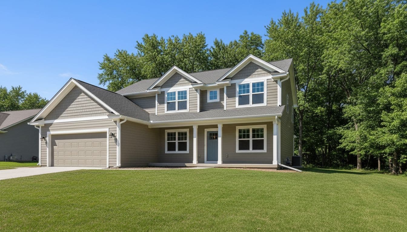 Freshly painted two-story house exterior in St. Paul Minnesota suburb, neutral siding with crisp white trim, manicured lawn and trees in background, clear summer sky, realistic photo style, vibrant colors, no people, no text, no logos, no vehicles, wide angle view.