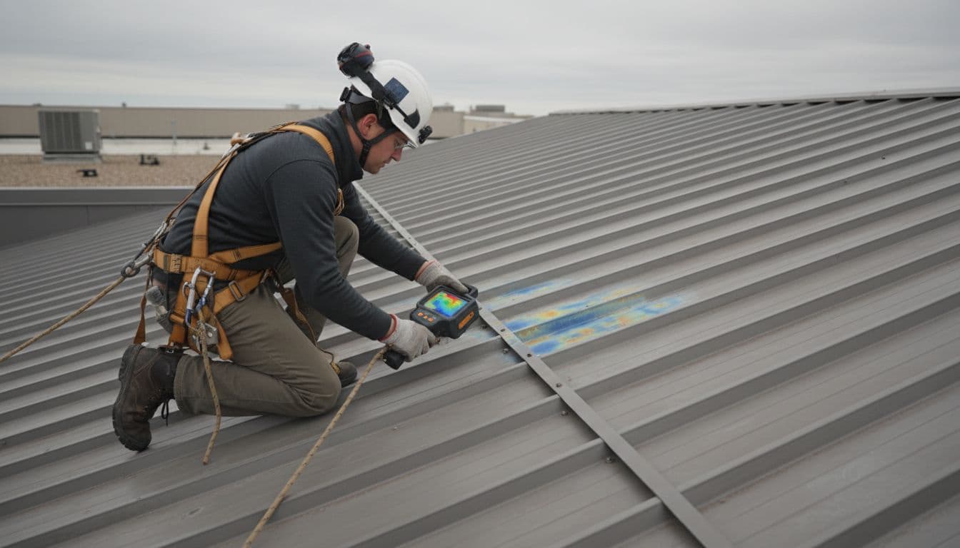 A professional roofing technician in safety gear kneels on a standing seam metal roof, using a handheld infrared thermal camera to scan for leaks along seams and panels. Commercial flat roof edge visible in the background under cloudy daylight, realistic photo style.