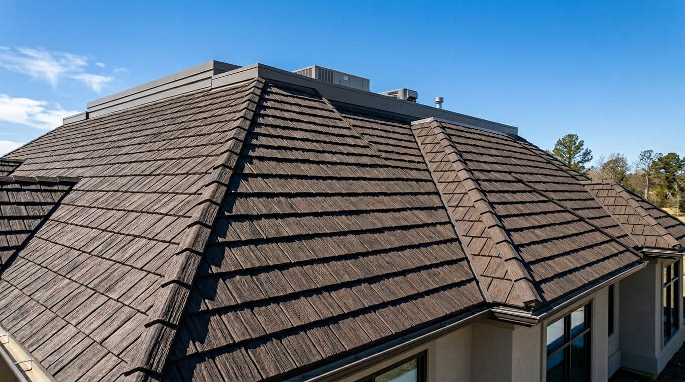 What Are Roof Shingles? Types, Materials, and How They Work Landscape view of synthetic composite shingles mimicking wood shake on a modern commercial mansard roof, featuring uniform dark brown color, clean layered pattern, and impact-resistant appearance against a blue sky with natural sunlight highlighting textures.