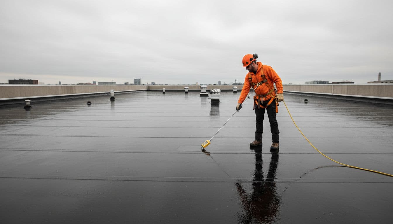 Can Electronic Leak Detection Find Leaks Under Ballasted EPDM Roofs? A professional roofing technician in full safety gear including harness uses a handheld sensor for low voltage electronic leak detection on a wet black EPDM roof membrane, performing a sweeping motion across the surface on a flat commercial rooftop under cloudy skies.