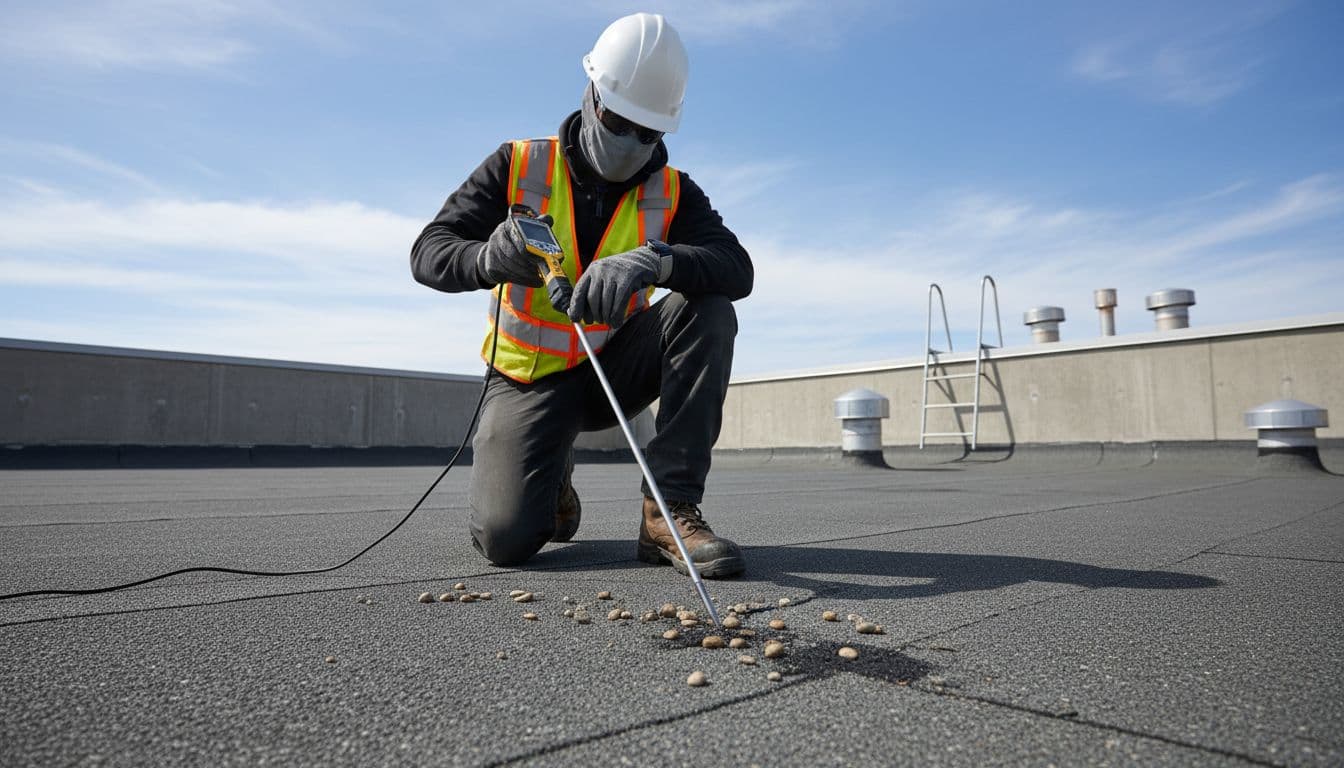 Technician in safety gear using a moisture meter probe on a flat built-up roof gravel surface during daytime, focusing on the tool and roof in a commercial rooftop setting.