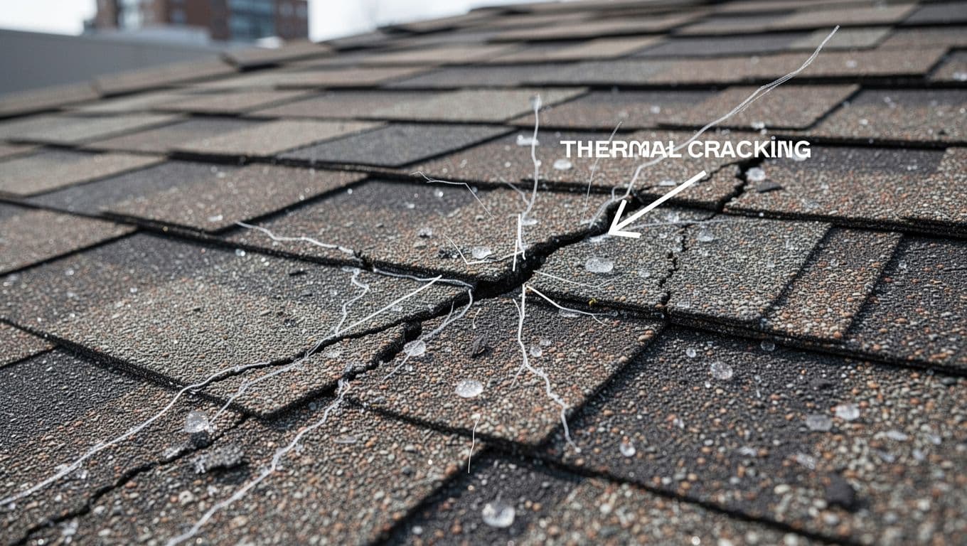 Realistic high-resolution close-up of thermal cracking on an aged asphalt shingle roof in Saint Paul, Minnesota, showing linear interconnected hairline cracks aligned with shingle orientation under neutral daylight with shallow depth of field.