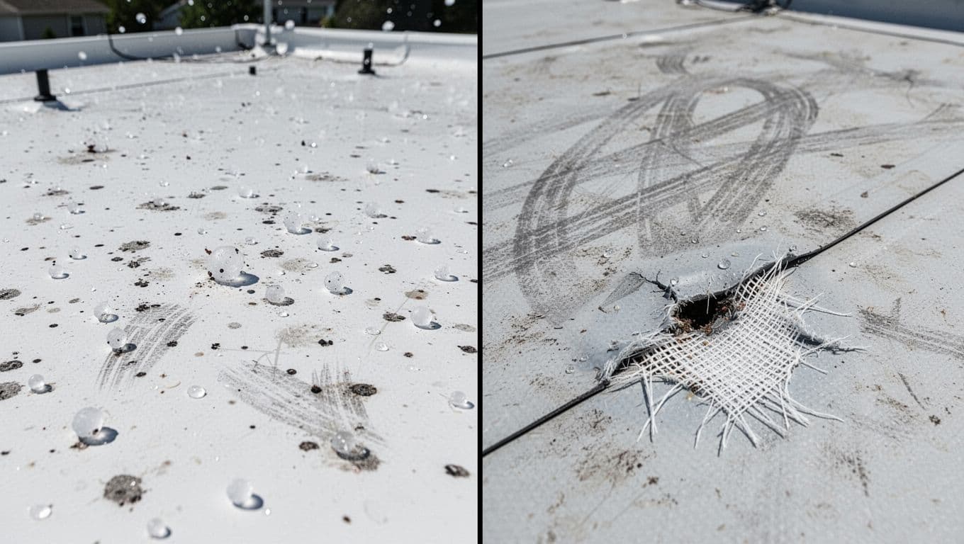 How To Spot Hail Splatter Marks On TPO Roof Membranes Photorealistic side-by-side vertical comparison: left shows hail splatter marks with speckles and scuffs on white TPO roof, no punctures; right shows foot traffic scuffs and a clear puncture exposing scrim. Natural daylight, realistic textures.