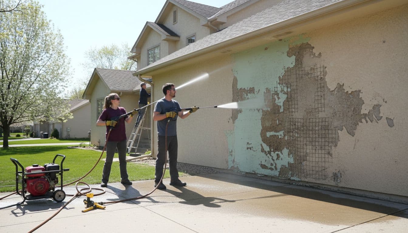 Team of two workers pressure washing a textured stucco house exterior wall in Bloomington, Minnesota suburb, removing dirt and old paint on a sunny spring morning with hoses and equipment on the driveway.