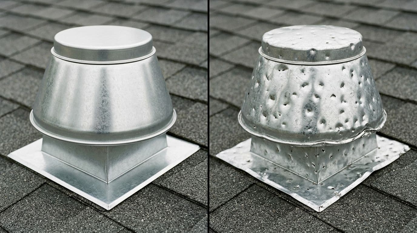 Photorealistic close-up side-by-side comparison of commercial metal roof vent hoods: left undamaged smooth galvanized surface, right hail-damaged with dents, dings, and edge deformation from Minnesota hail storm, professional home-inspection style.