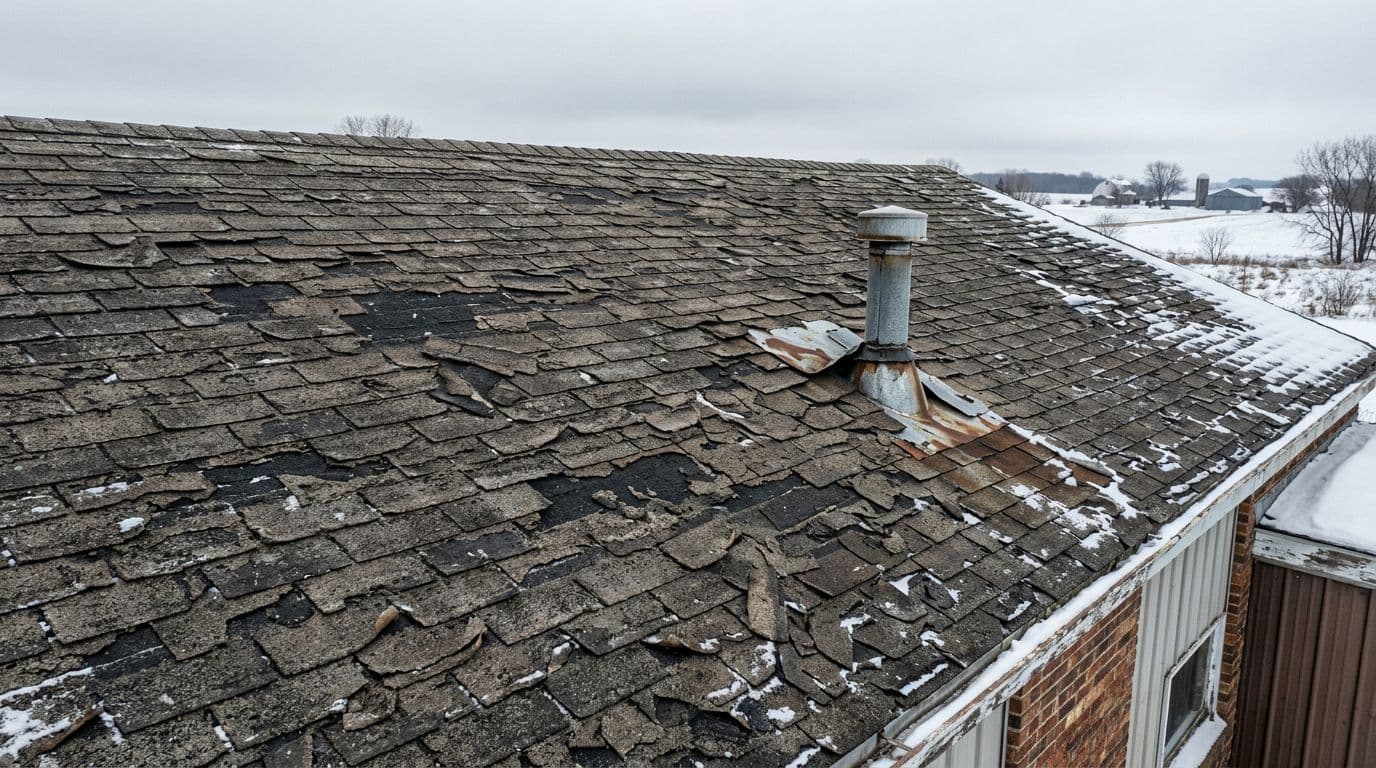 What Are Roof Shingles? Types, Materials, and How They Work Landscape view of weathered asphalt shingles on a sloped commercial roof in Minnesota, showing granule loss with bald spots, cracks in tabs, lifted curling edges, and damaged flashing at a vent pipe under overcast winter daylight with detailed textures.