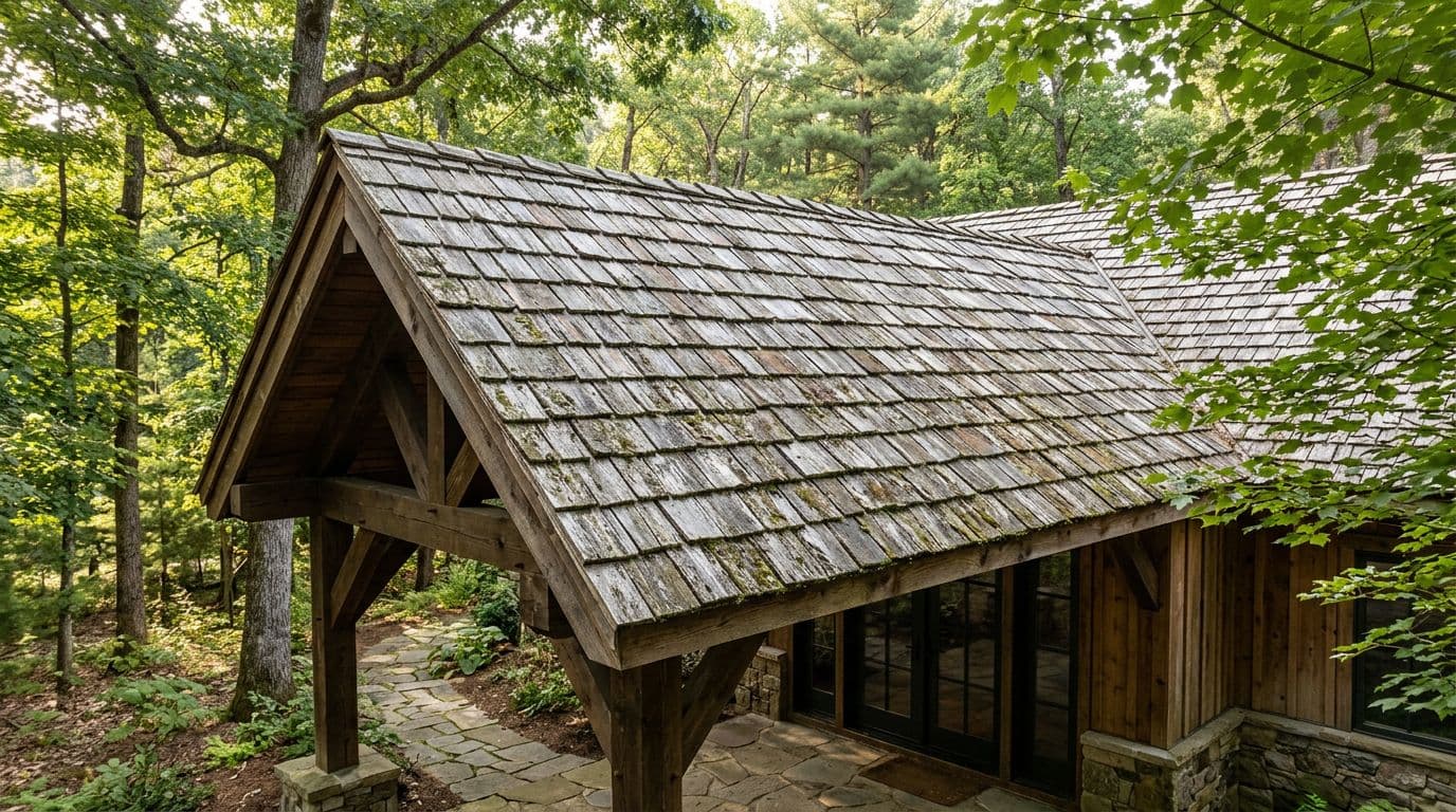 What Are Roof Shingles? Types, Materials, and How They Work Landscape image of cedar wood shingles on a sloped gable roof of a commercial building entryway, with natural wood grain, slight weathering, moss patches, and overlapping shakes under soft daylight.