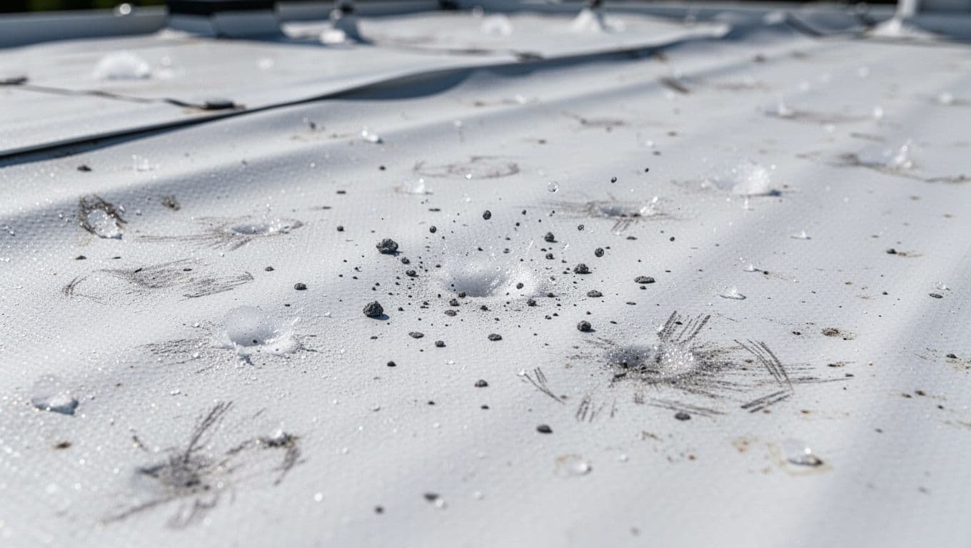 How To Spot Hail Splatter Marks On TPO Roof Membranes Photorealistic macro close-up shot of a white TPO roof membrane showing subtle hail splatter marks with small dark gray speckled spots and faint impact scuffs, highlighted by natural daylight.