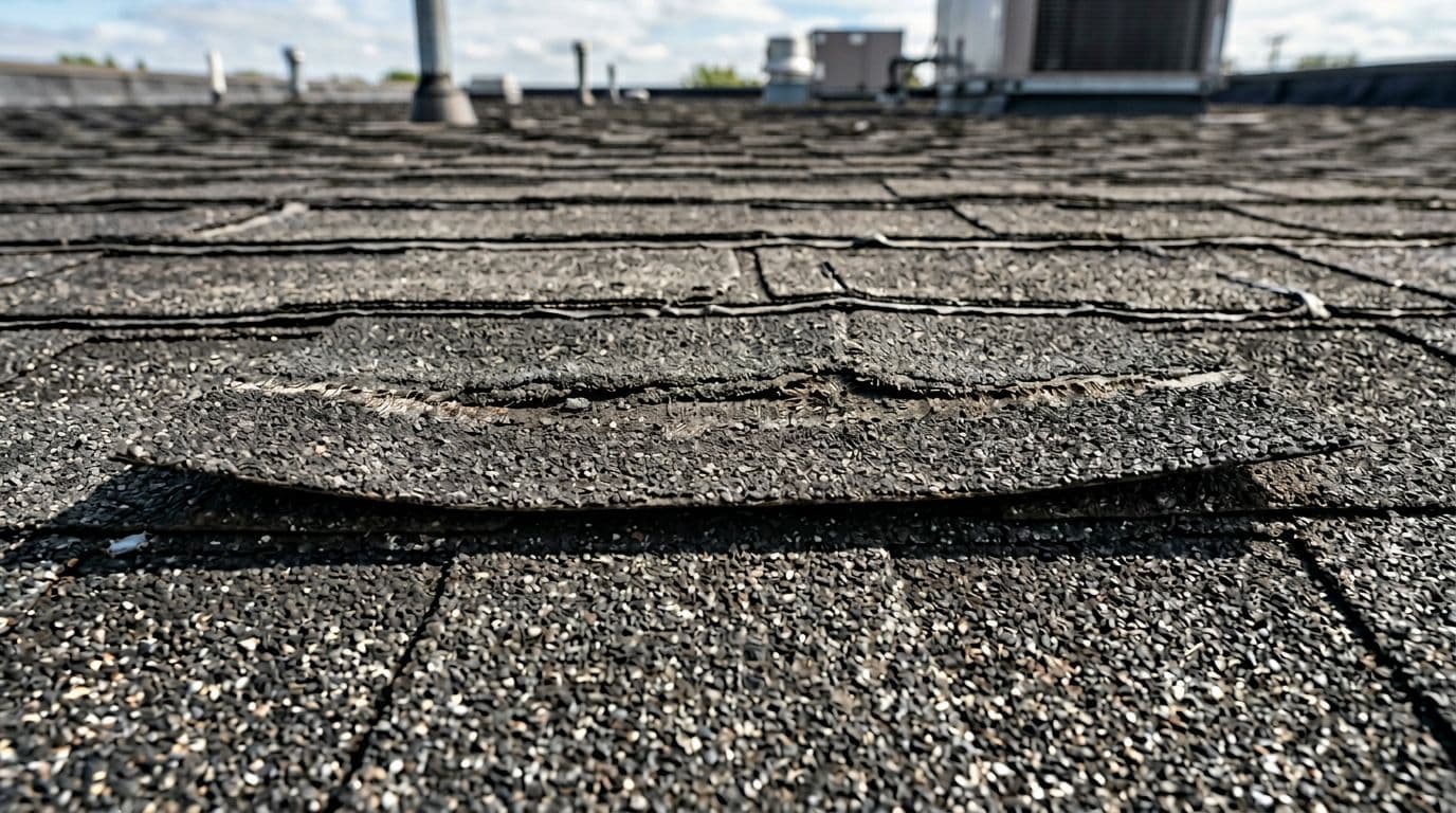 Photorealistic close-up of a creased asphalt shingle on a commercial building roof in Minnesota, featuring a horizontal bend line from wind damage, edge lifting, granular loss along the crease, and subtle shadowing.