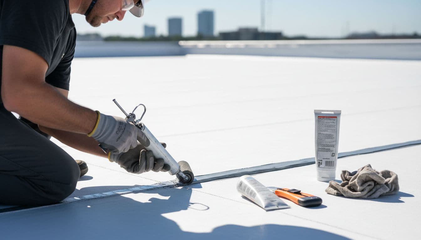 Close-up of a commercial flat roof repair showing one worker from the back applying sealant to a repaired seam on a TPO membrane, with tools like a roller and caulk gun nearby on a clean dry surface.