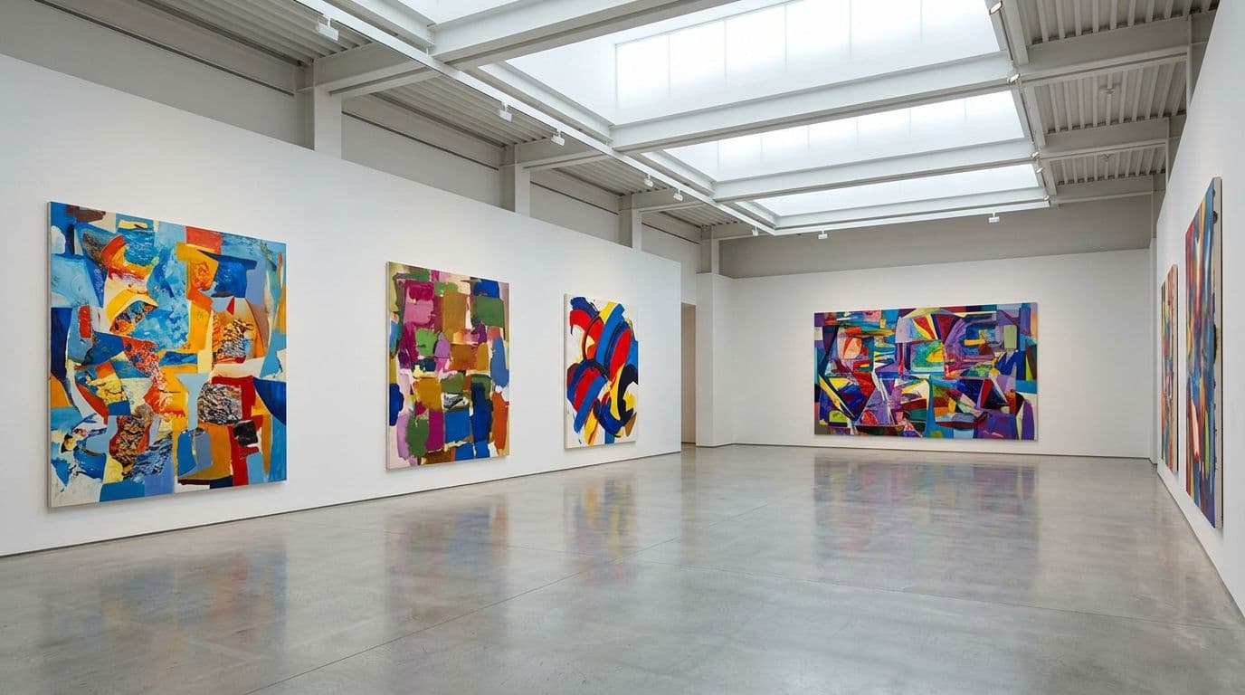 Spacious modern art gallery interior with large colorful contemporary paintings on white walls, polished concrete floor, high ceilings, and soft diffused daylight from skylights. Empty room designed for quiet visits, realistically rendered in landscape composition with no people or text.