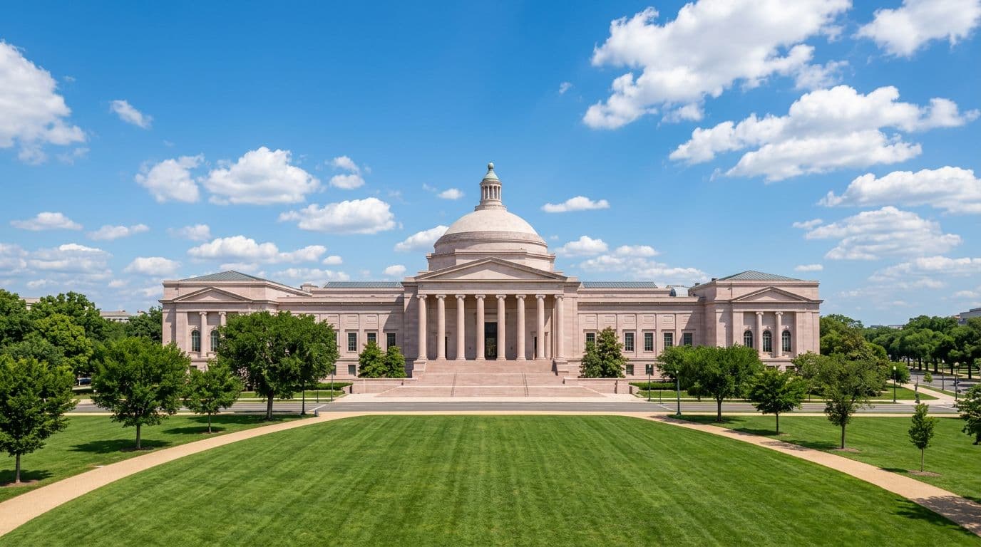 Grand wide landscape view of the National Gallery of Art West Building on the National Mall in Washington DC, featuring neoclassical architecture and green lawns on a sunny day with bright natural lighting. The realistic image shows no people, text, logos, or watermarks, with content extending fully to all edges.