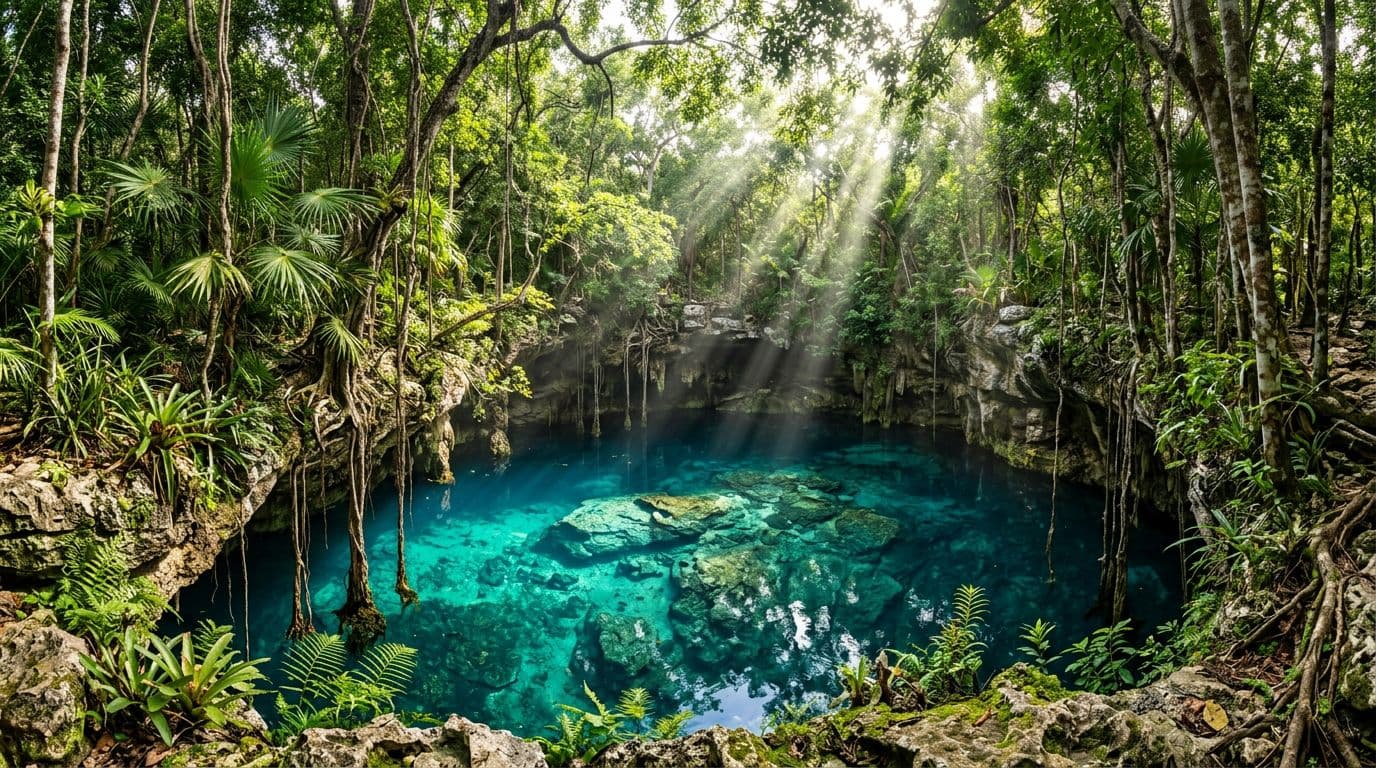 Crystal-clear freshwater cenote surrounded by dense jungle foliage in Riviera Maya, with sunlight shafts piercing through the overhead tree canopy into vivid blue water below, featuring natural rocky ledges, hanging vines, and roots.