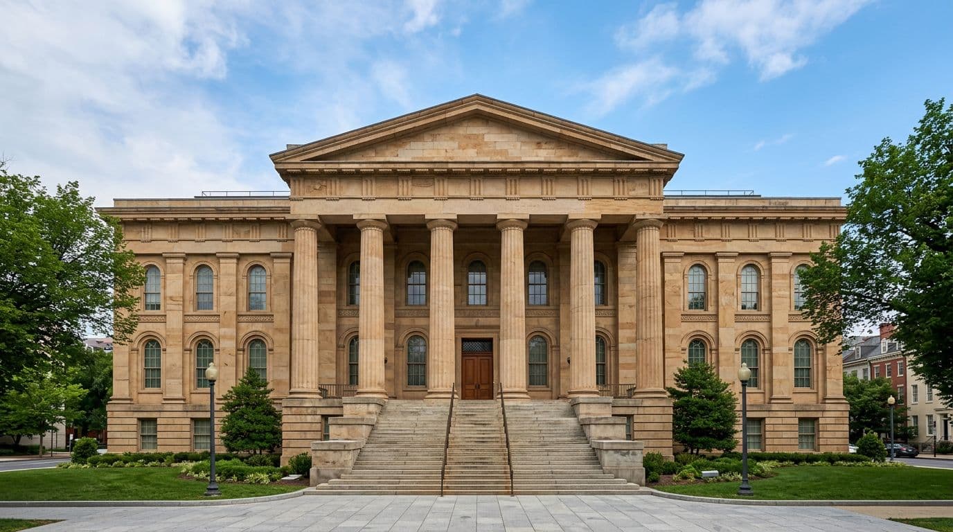 Photorealistic daytime view of the Smithsonian American Art Museum's iconic facade in Washington DC, featuring a clear blue sky, landscape composition focused on the entrance and architecture, with soft natural light and no people, text, or signs.