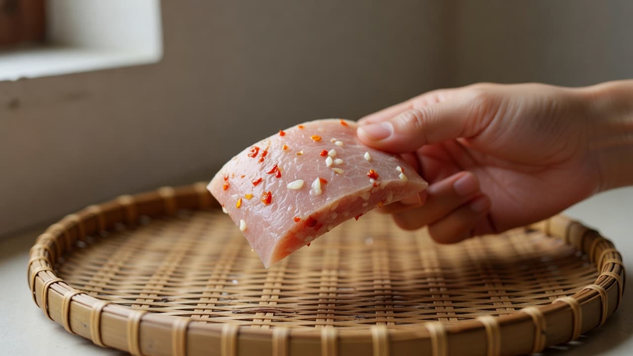 Một chiếc nem chua màu hồng nhạt được đặt trên khay tre mộc mạc. Các lát tỏi và ớt điểm xuyết bên trong lớp thịt chắc mịn, minh chứng cho quá trình lên men đạt chuẩn chất lượng.