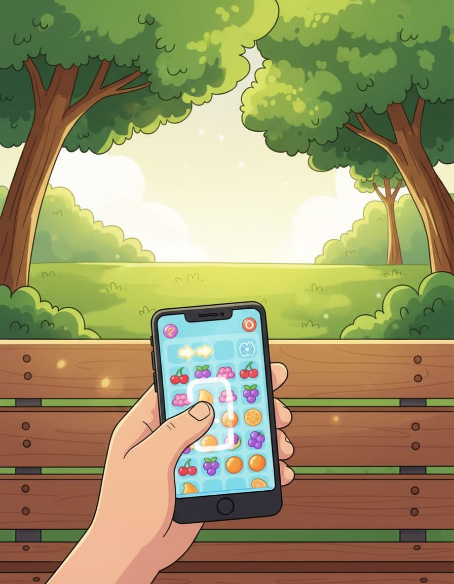 A relaxed hand holds a smartphone on a park bench, playing a casual merging puzzle HTML5 game in the browser with a touch-friendly interface. Sunny afternoon in a vibrant cartoon style park with green grass and trees in the background.