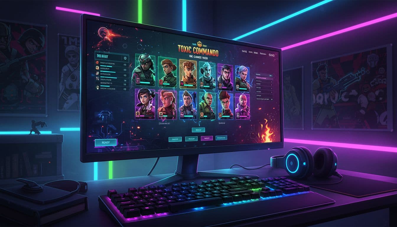 Gaming setup with a desktop monitor displaying a multiplayer lobby screen for an action game, keyboard and headset nearby, neon room lighting in an energetic illustration style.
