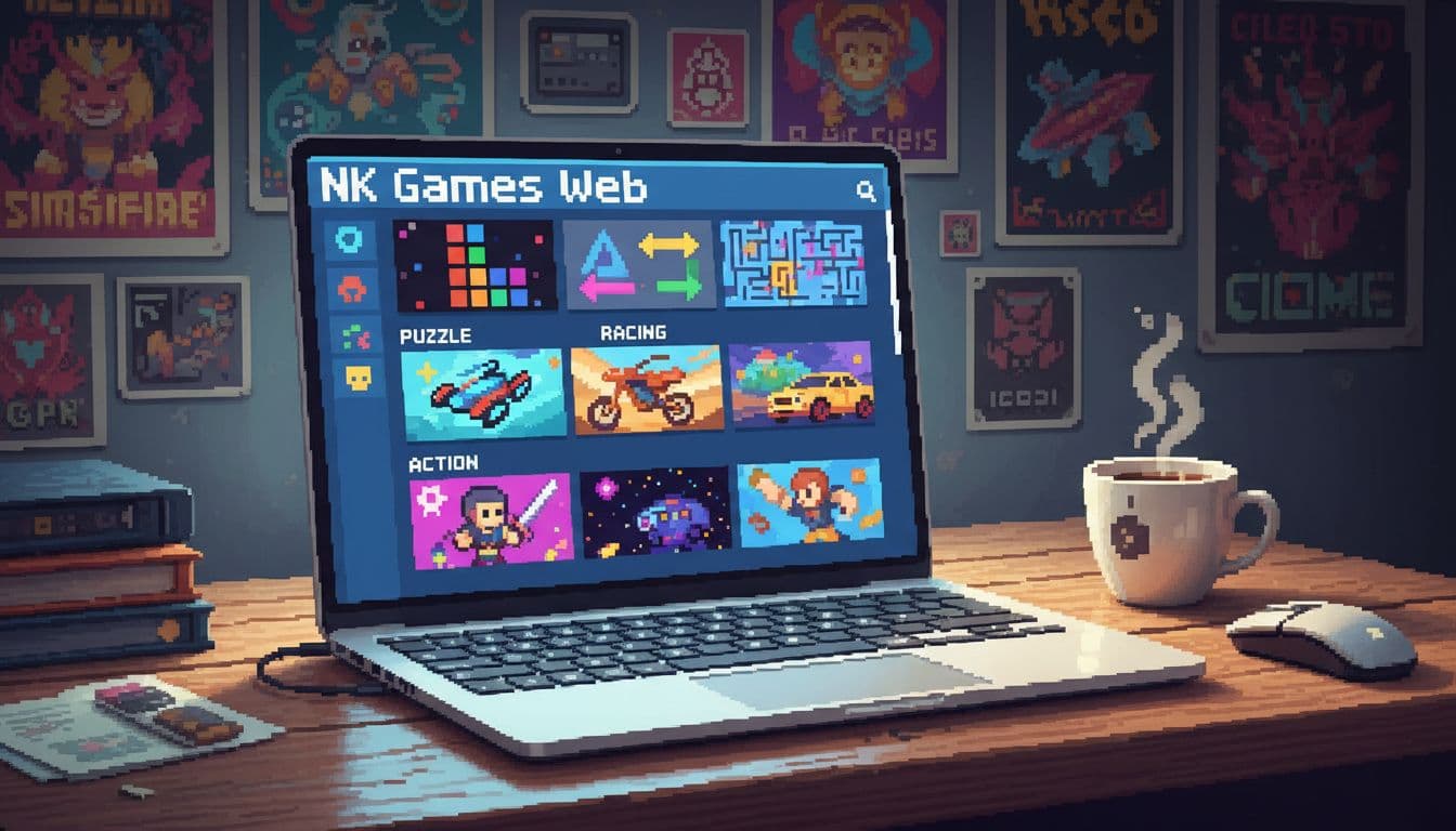 Vibrant illustration of a laptop on a wooden desk displaying a colorful NK Games Web homepage with browser game thumbnails in puzzle, racing, and action categories, coffee mug and mouse nearby in a cozy room with posters, detailed pixel art style and dynamic lighting.