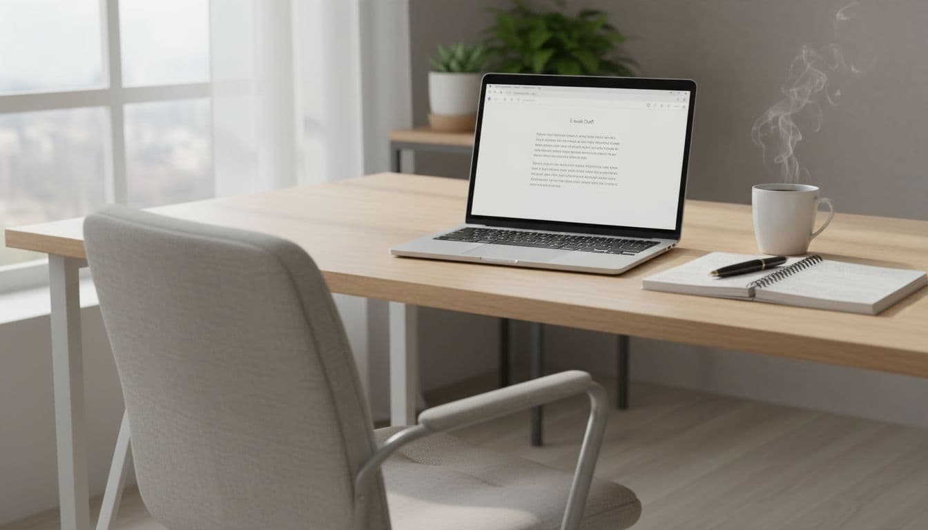 Clean desk with open laptop, notebook with notes, pen, steaming coffee mug, empty chair, natural window light.