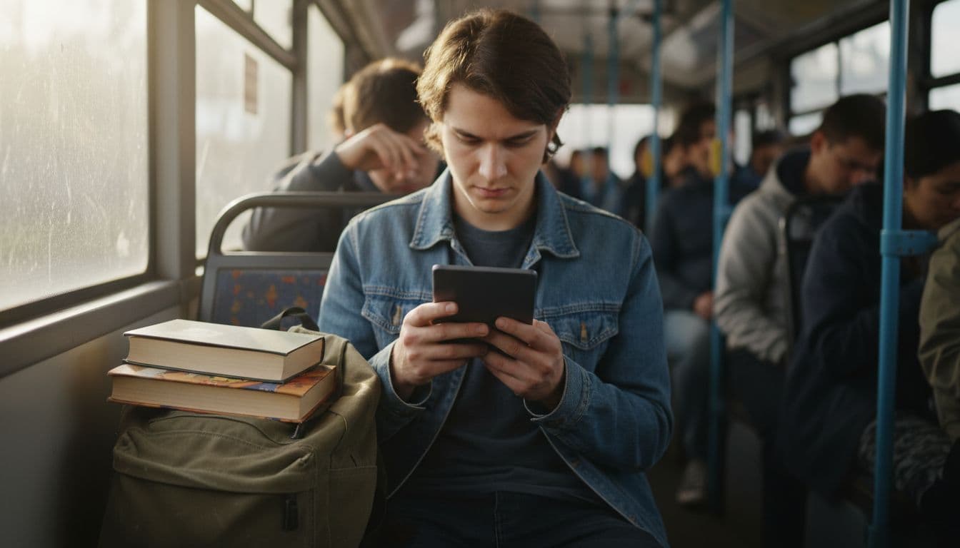 A young adult reads on a slim e-reader while commuting on a crowded bus, backpack with ignored physical books beside them, highlighting ebook convenience and portability in natural daylight.