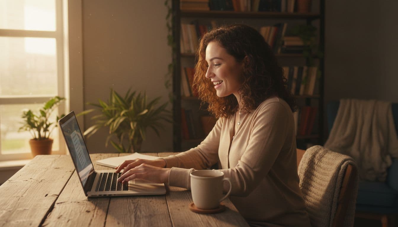An excited author sits at a wooden desk in a cozy home office, typing on a laptop with a manuscript open on screen and hitting the publish button, coffee mug nearby, warm natural light from window.