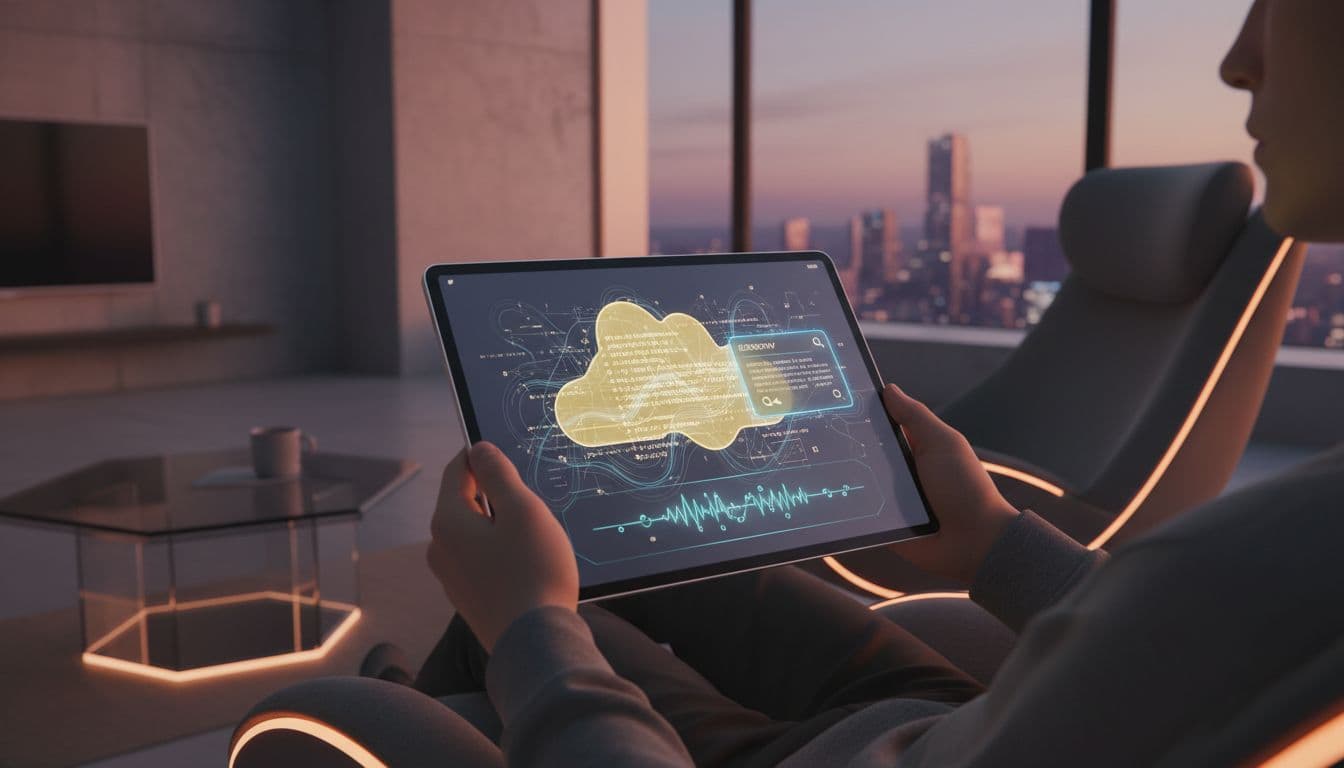A relaxed reader in a modern living room holds a tablet displaying an advanced ebook with highlighted notes, dictionary popup, and read-aloud waveform, evoking a futuristic yet realistic interactive reading experience in soft evening light.