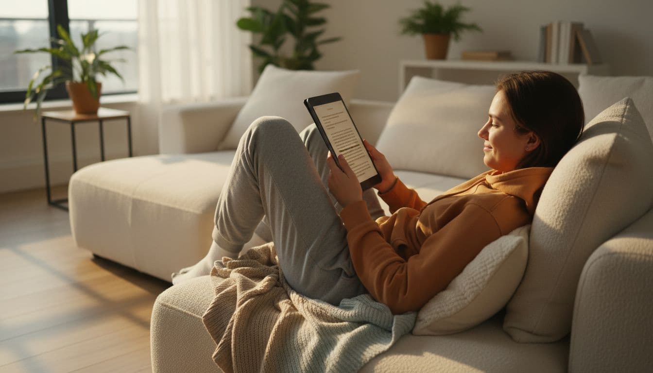 Young adult relaxes on cozy couch in sunlit living room, holding tablet with open ebook page.