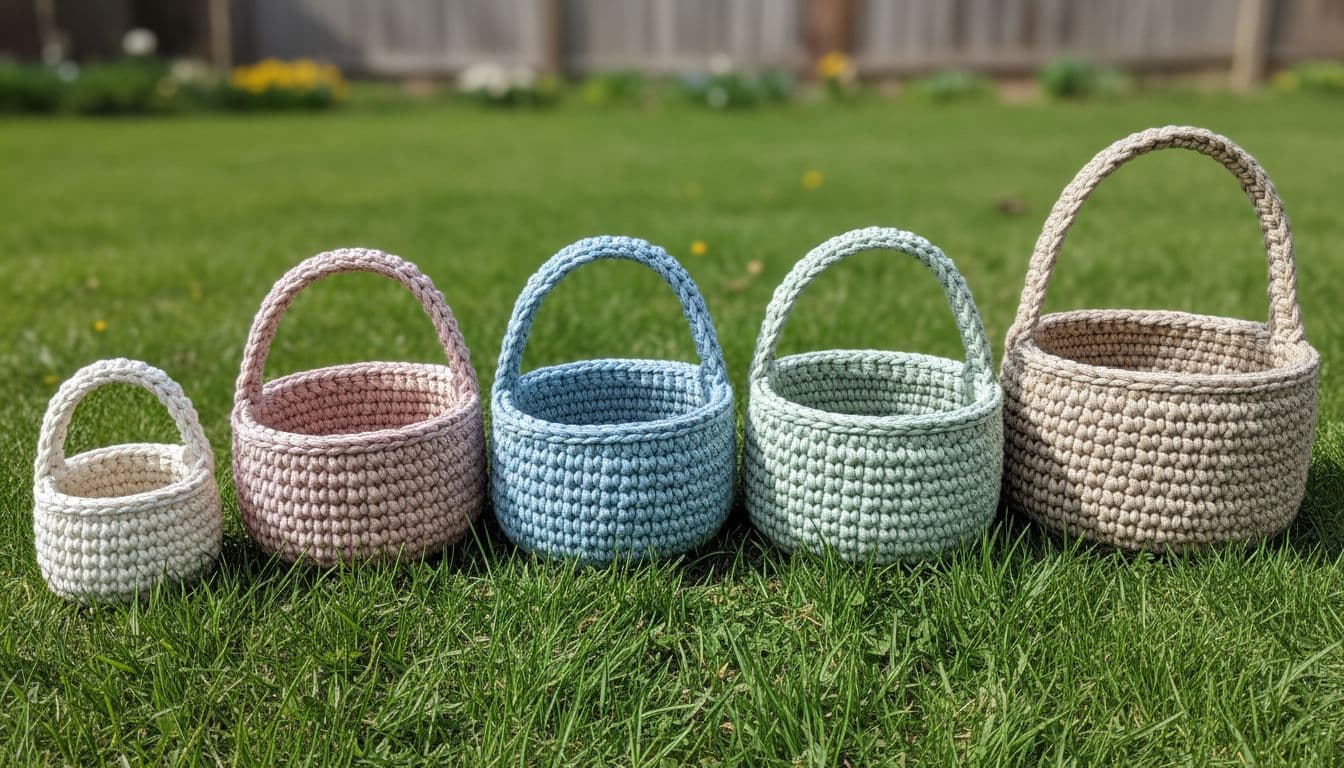 Five simple classic crochet Easter baskets in neutral and pastel yarns of different sizes with sturdy handles, arranged on fresh green grass outdoors in photorealistic style.