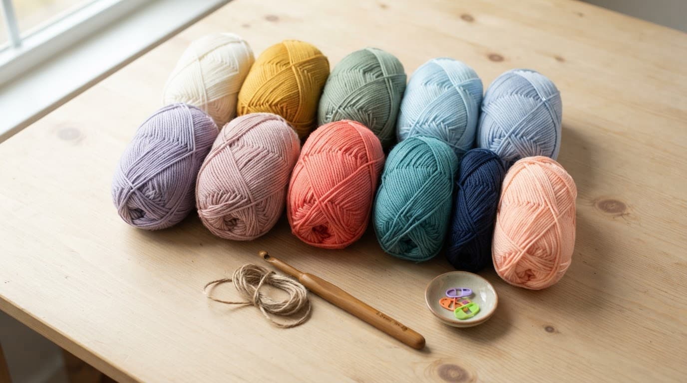 Yarn balls and a crochet hook arranged on a light wooden table.