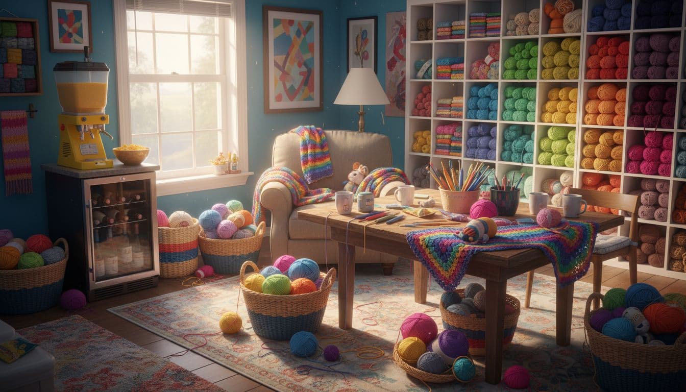 Bright colorful crochet craft room interior with scattered yarn balls in baskets, hooks on wooden table, unfinished Daisy Crochet Bucket Hat projects on chair, Daisy Squares on yarn shelves, garlands of Daisy Petals, playful snack bar with nacho cheese dispenser and mini wine fridge, Popcorn Stitch cushions, and Cluster Stitch blankets.