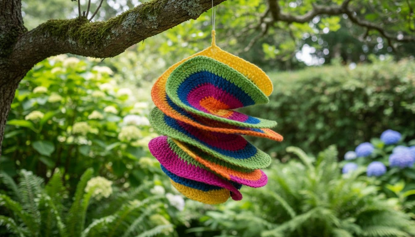 Layered colorful crochet wind spinner twists from tree branch in garden breeze.