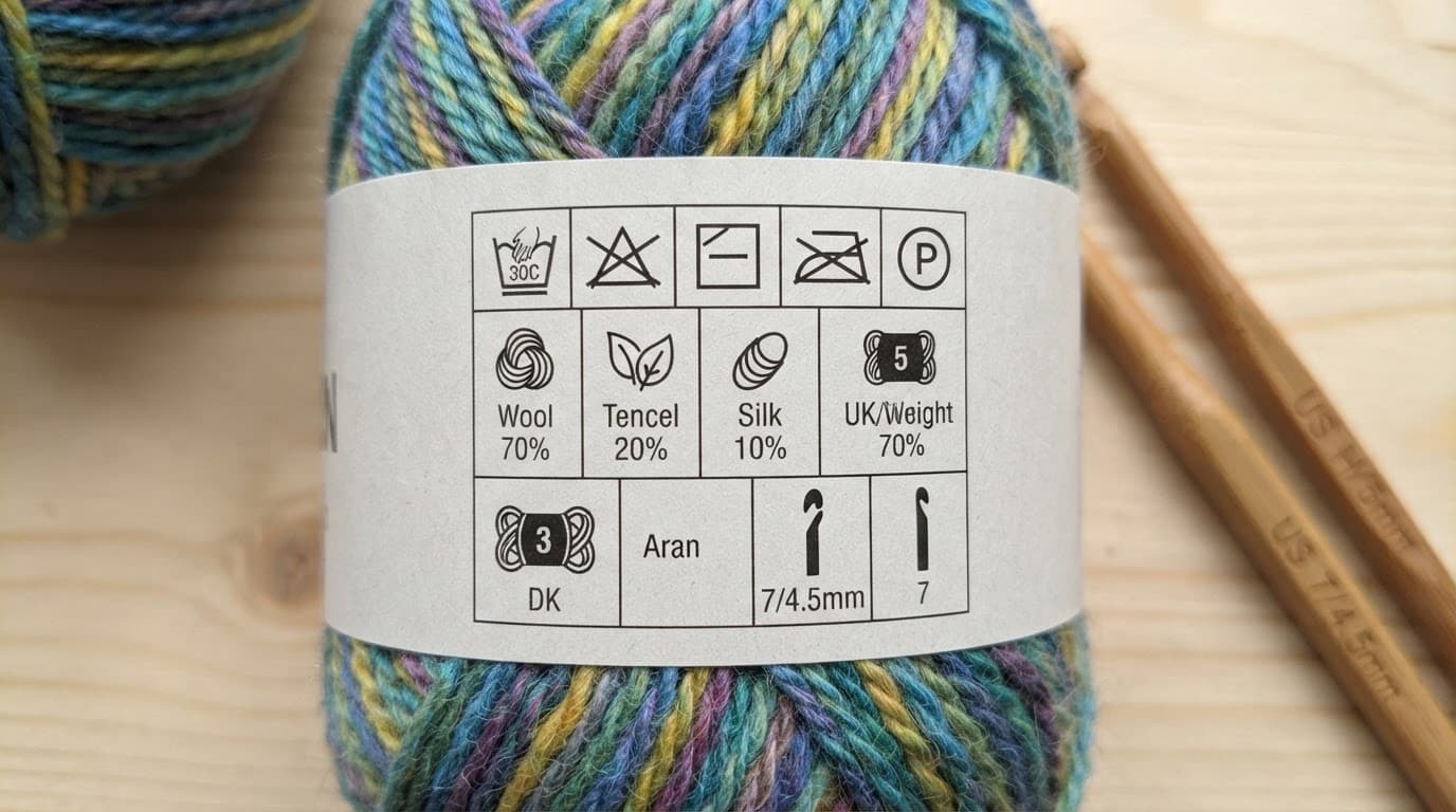 Colorful yarn with a care label and crochet hooks on a neutral surface.