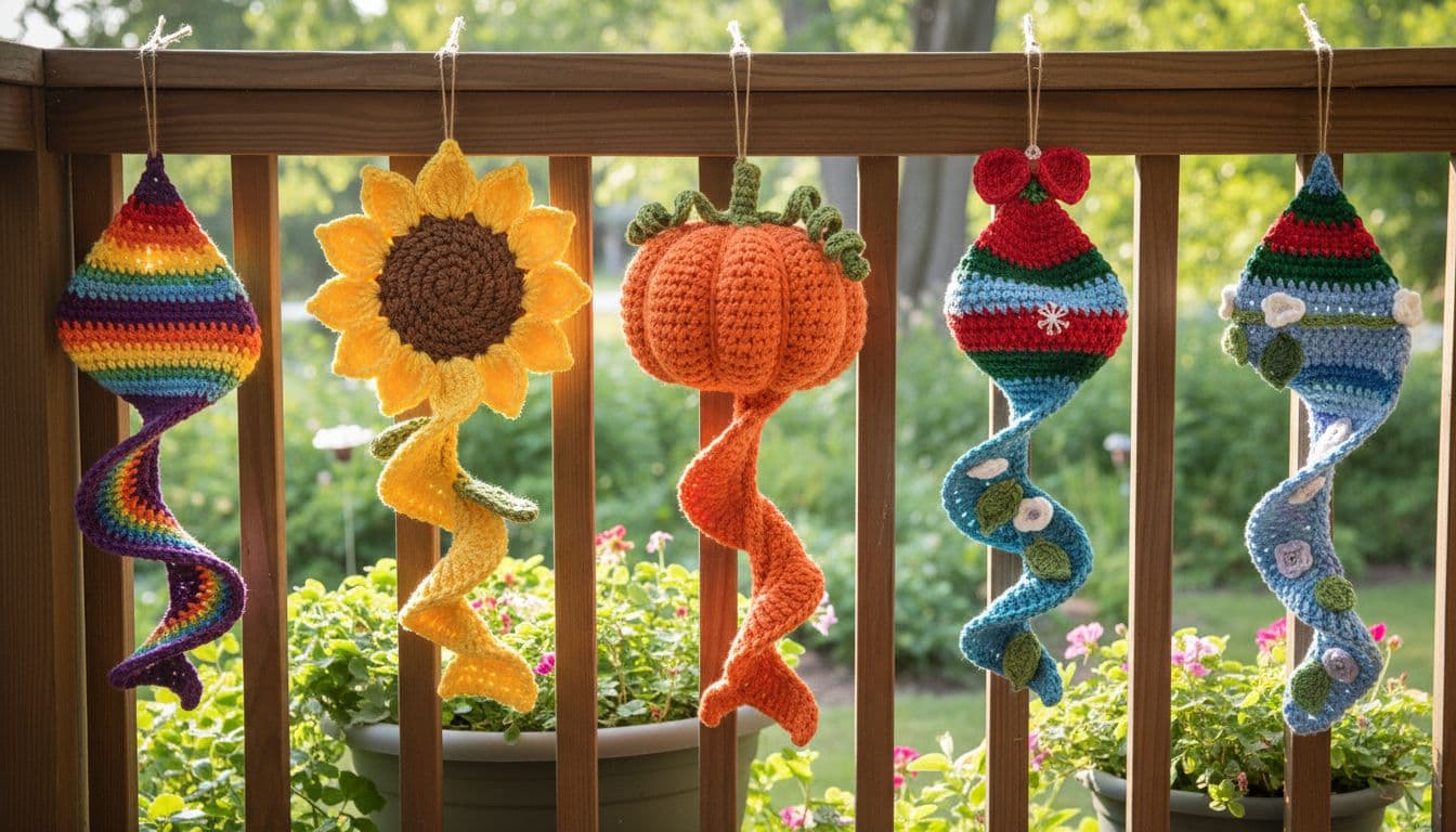 Colorful crochet wind spinners in rainbow, sunflower, pumpkin, Christmas, and garden styles hang from wooden porch railing with plants behind.