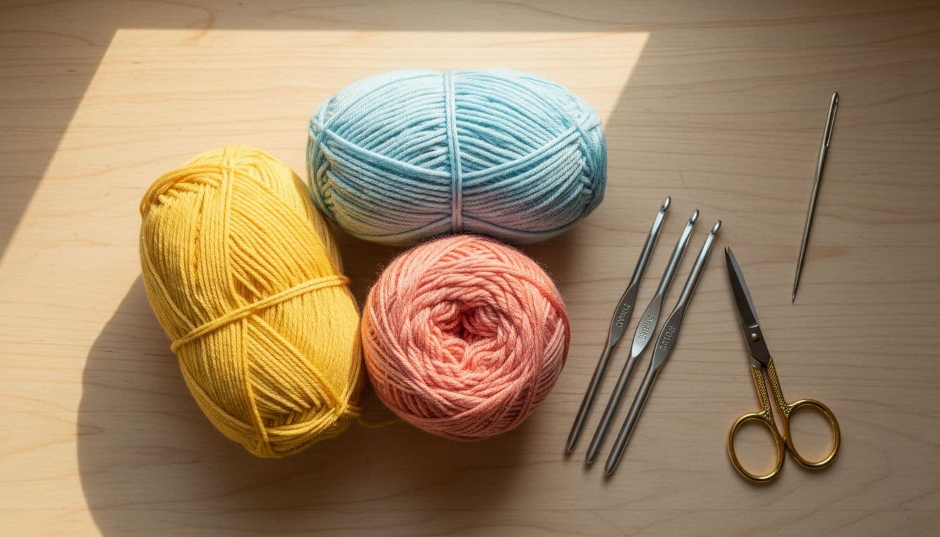 Three coiled yarn skeins in bright and pastel colors with crochet hooks, scissors, and yarn needle on wooden table.