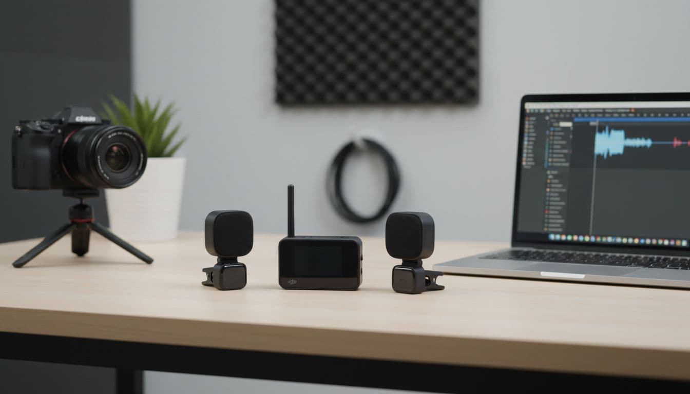 DJI Mic 3 Pro wireless microphone setup on a desk with two transmitters and receiver next to a camera and laptop in a home studio setting.