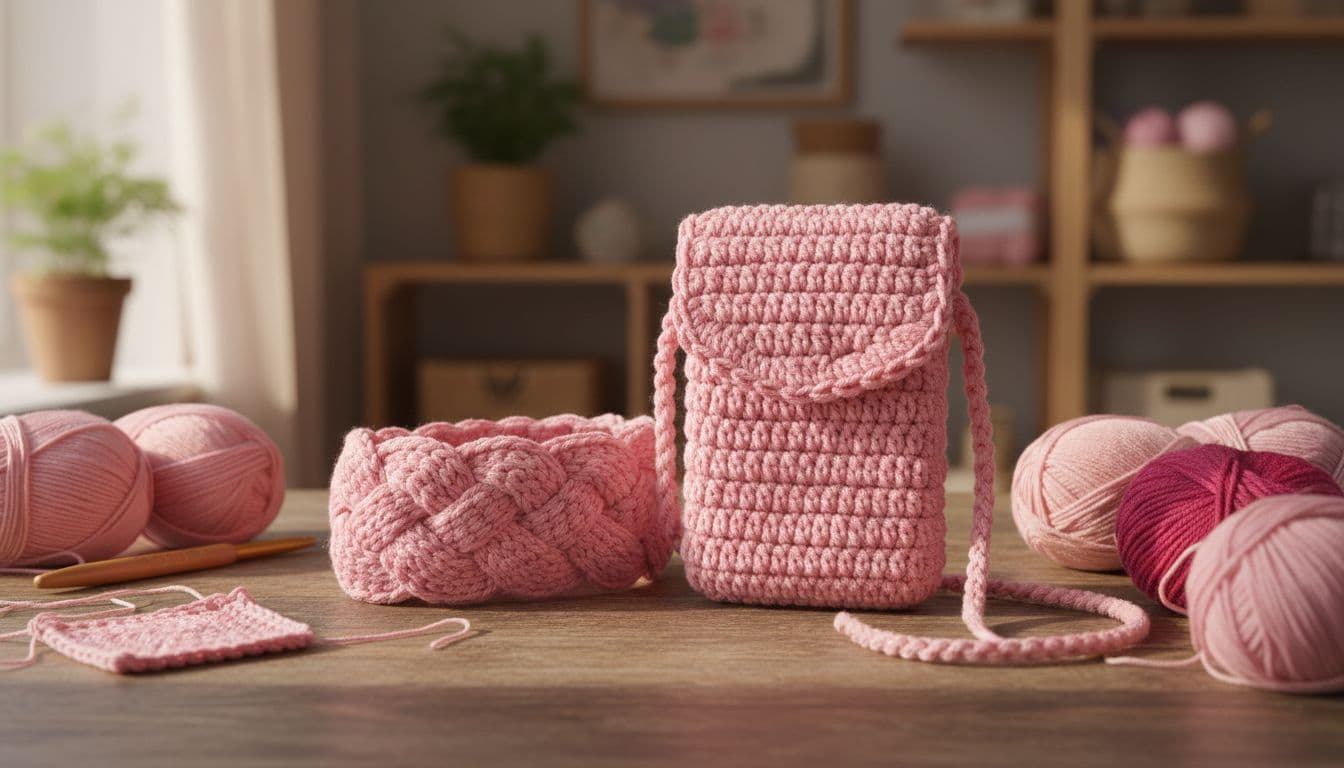 Close-up of crochet pink headband and phone purse on a wooden table with yarn balls nearby in a cozy craft room, natural light, soft realistic style.