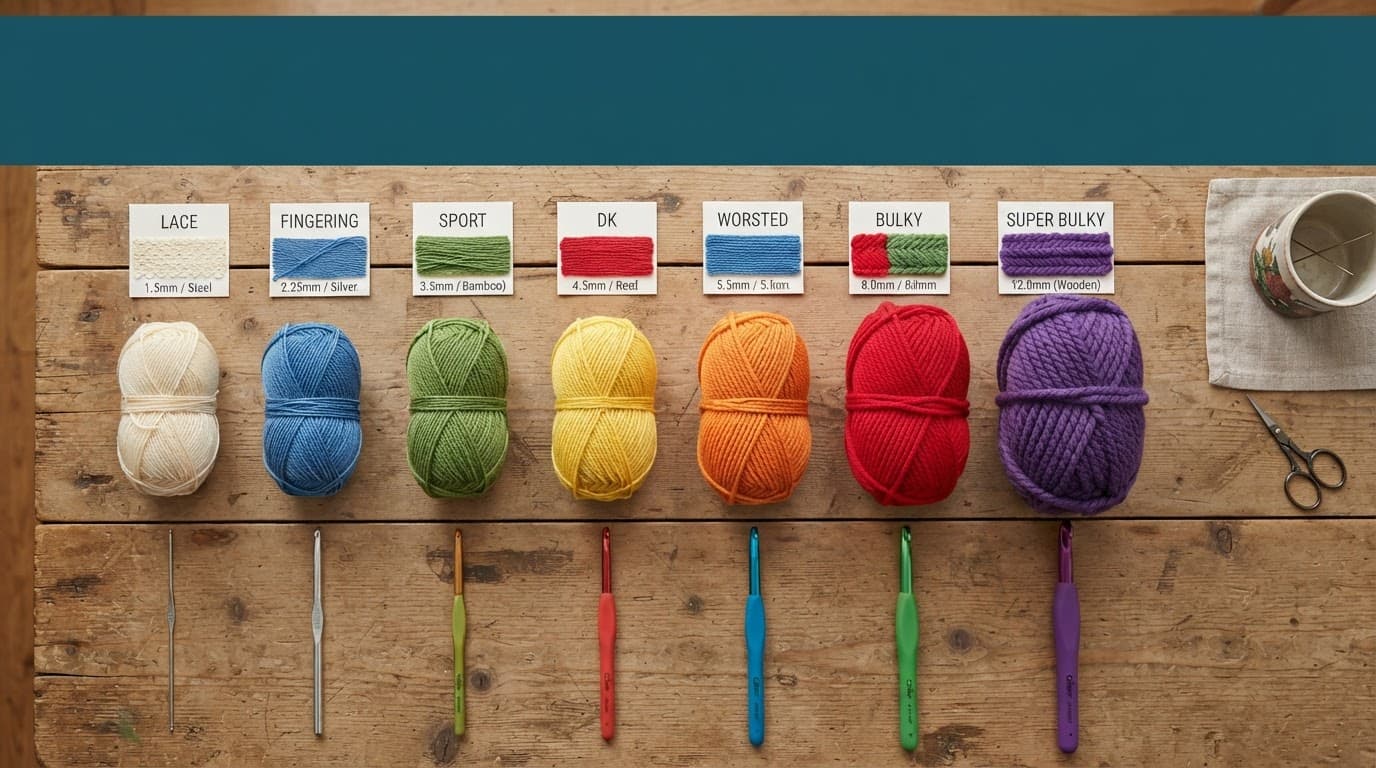 Yarn balls and colorful crochet hooks arranged on a wooden table.