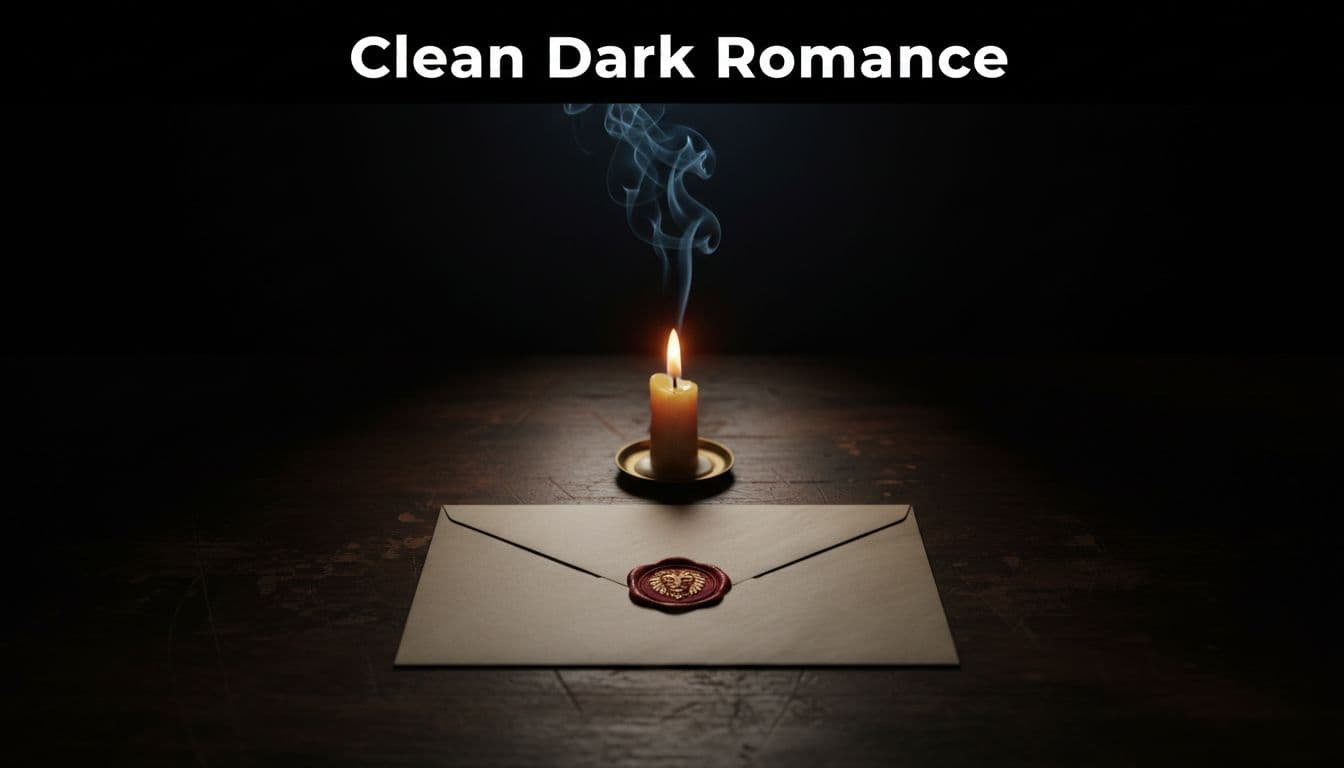 Ornate envelope with red wax seal and gold imprint on candlelit dark desk, subtle smoke tendrils, black band with 'Clean Dark Romance' text above.
