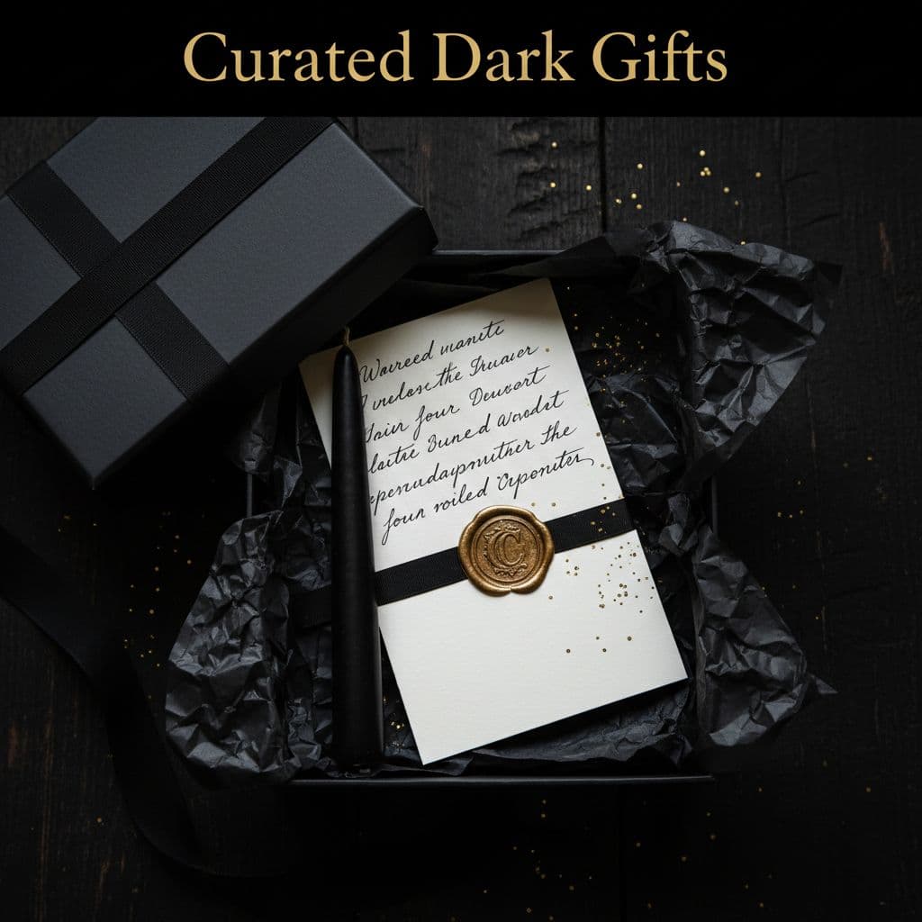 Partially opened gift box reveals dark tissue, black candle, and gold wax-sealed note; black top band shows 'Curated Dark Gifts' headline.