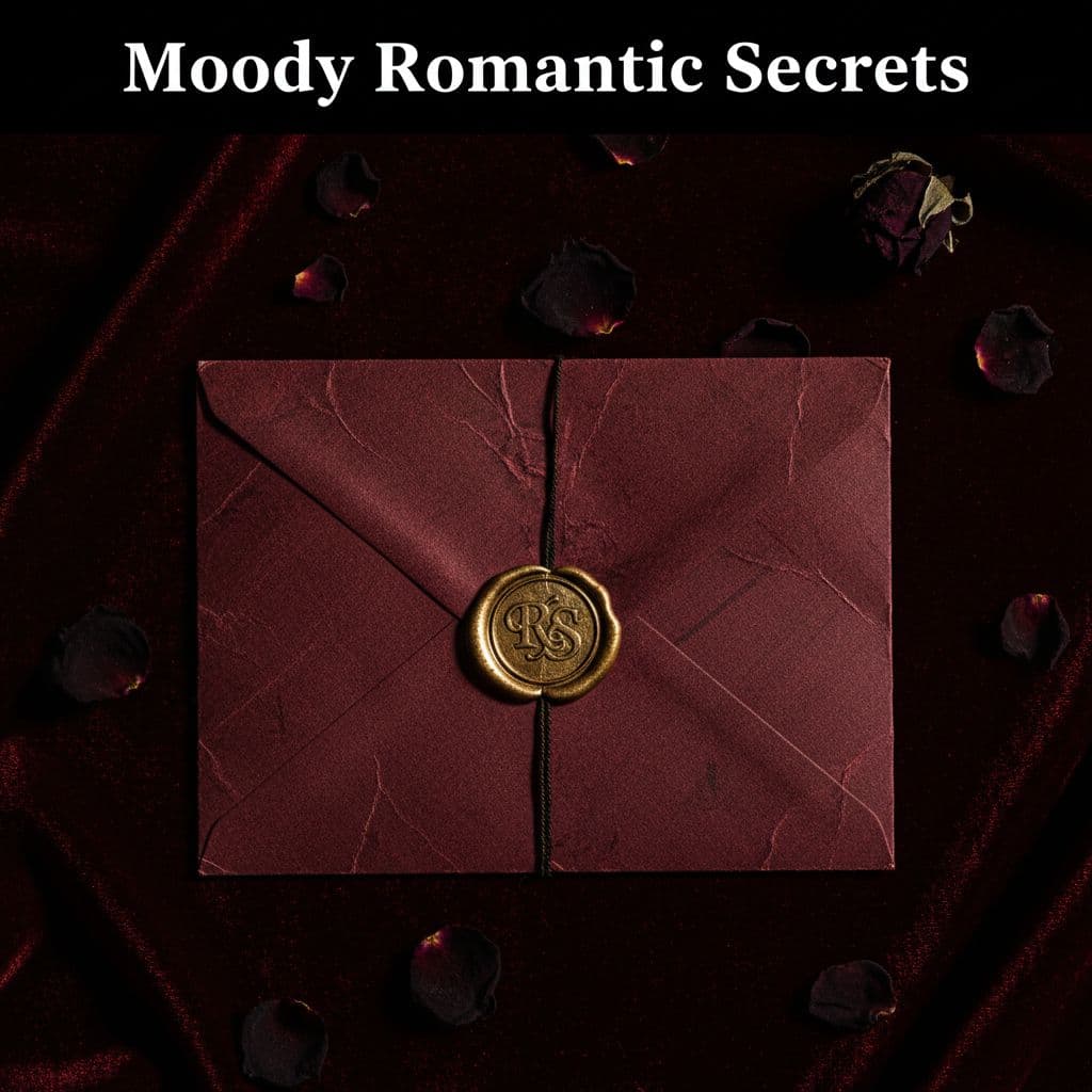 Weathered dark red envelope with gold wax seal on dark velvet amid scattered dark rose petals, black top band with 'Moody Romantic Secrets' headline.