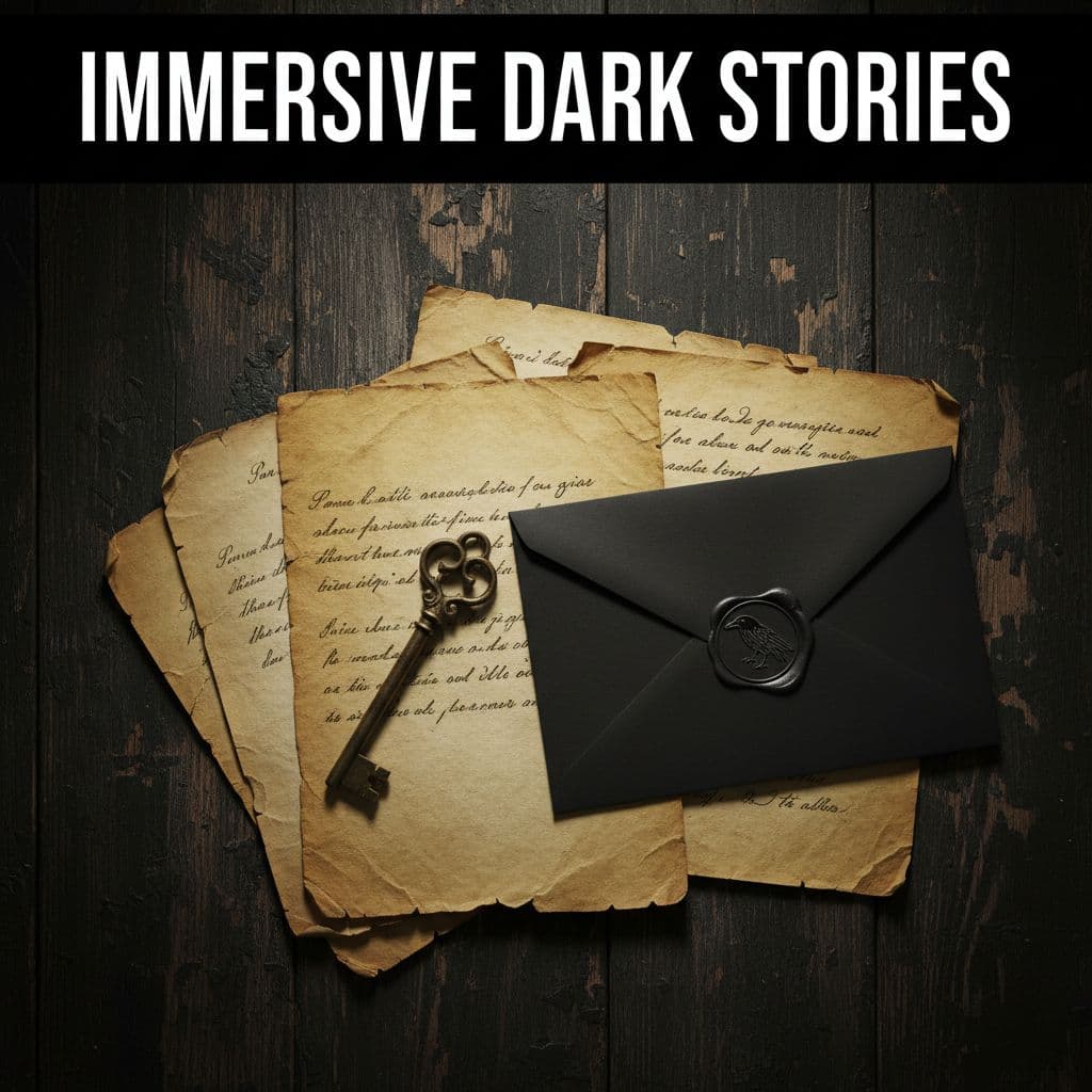 Vintage letters, antique key, and sealed black envelope arranged on dark wooden table, top-down view with moody lighting and top headline band.