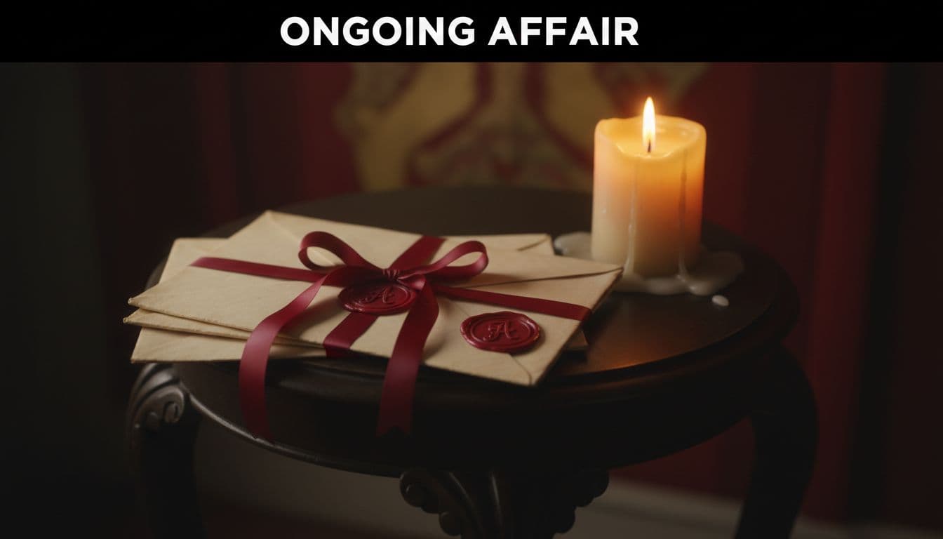 Stack of three sealed letters tied with red ribbon on antique table beside candle, black band with 'Ongoing Affair' headline above.
