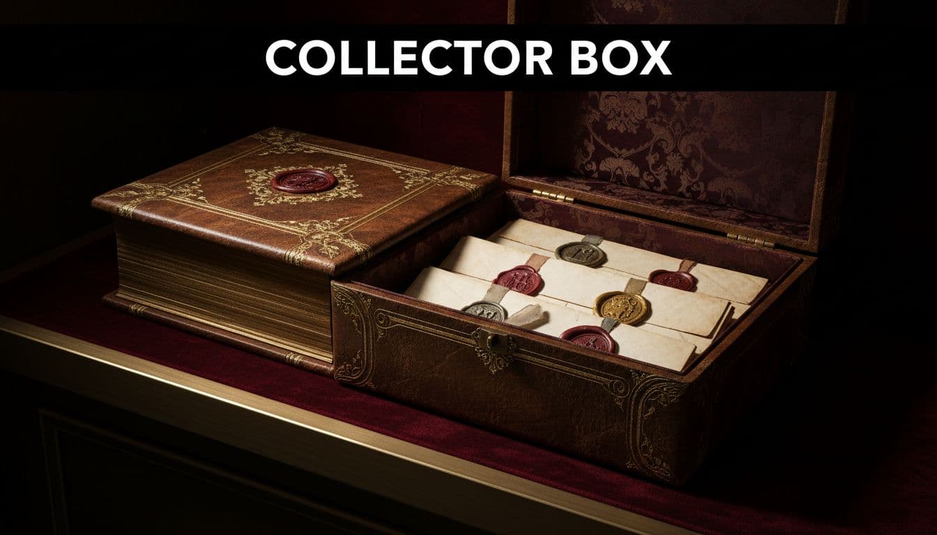 Open book-style box reveals stacked wax-sealed letters on dark shelf with red lining and gold trim.